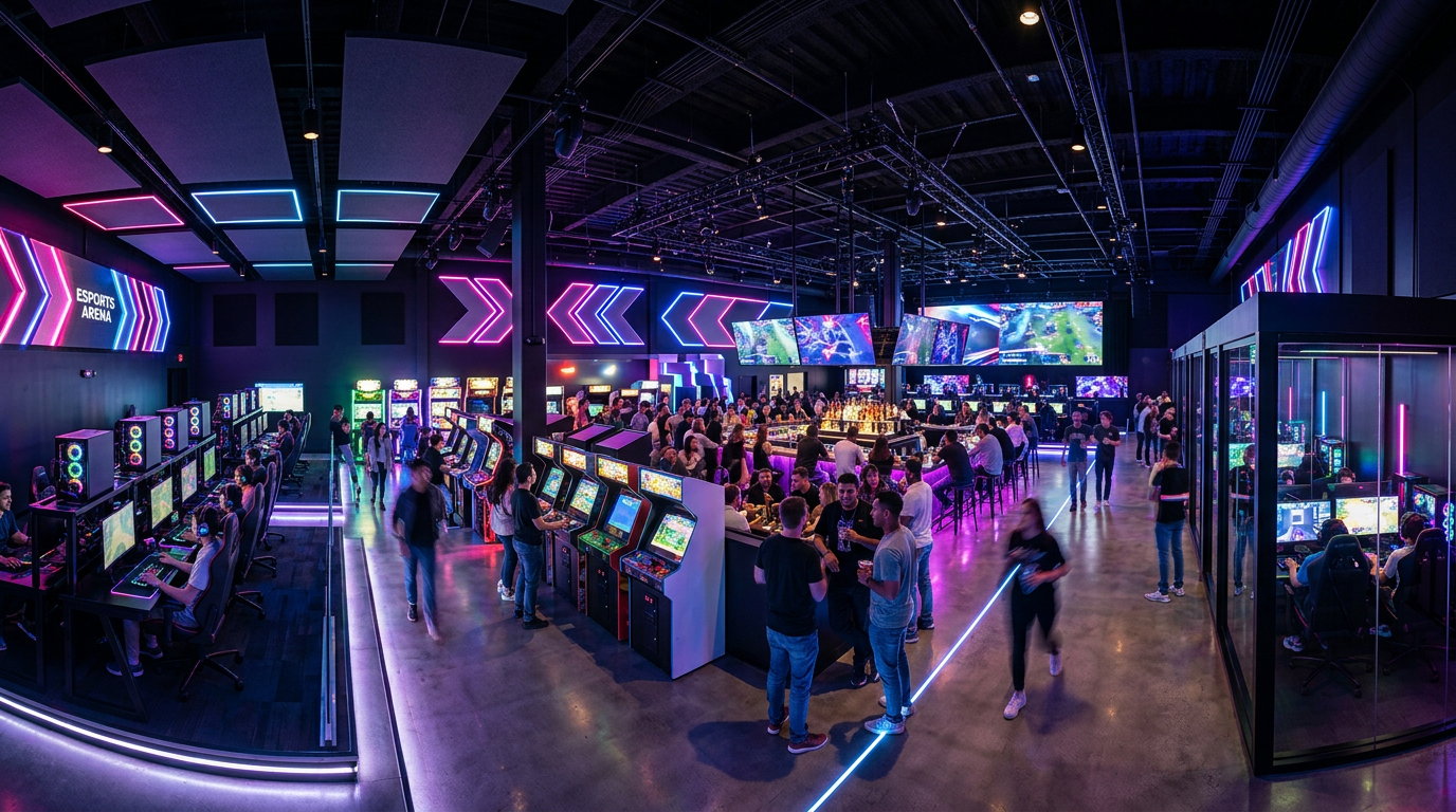 Panoramic interior of the Gaming Zone venue with vibrant lighting