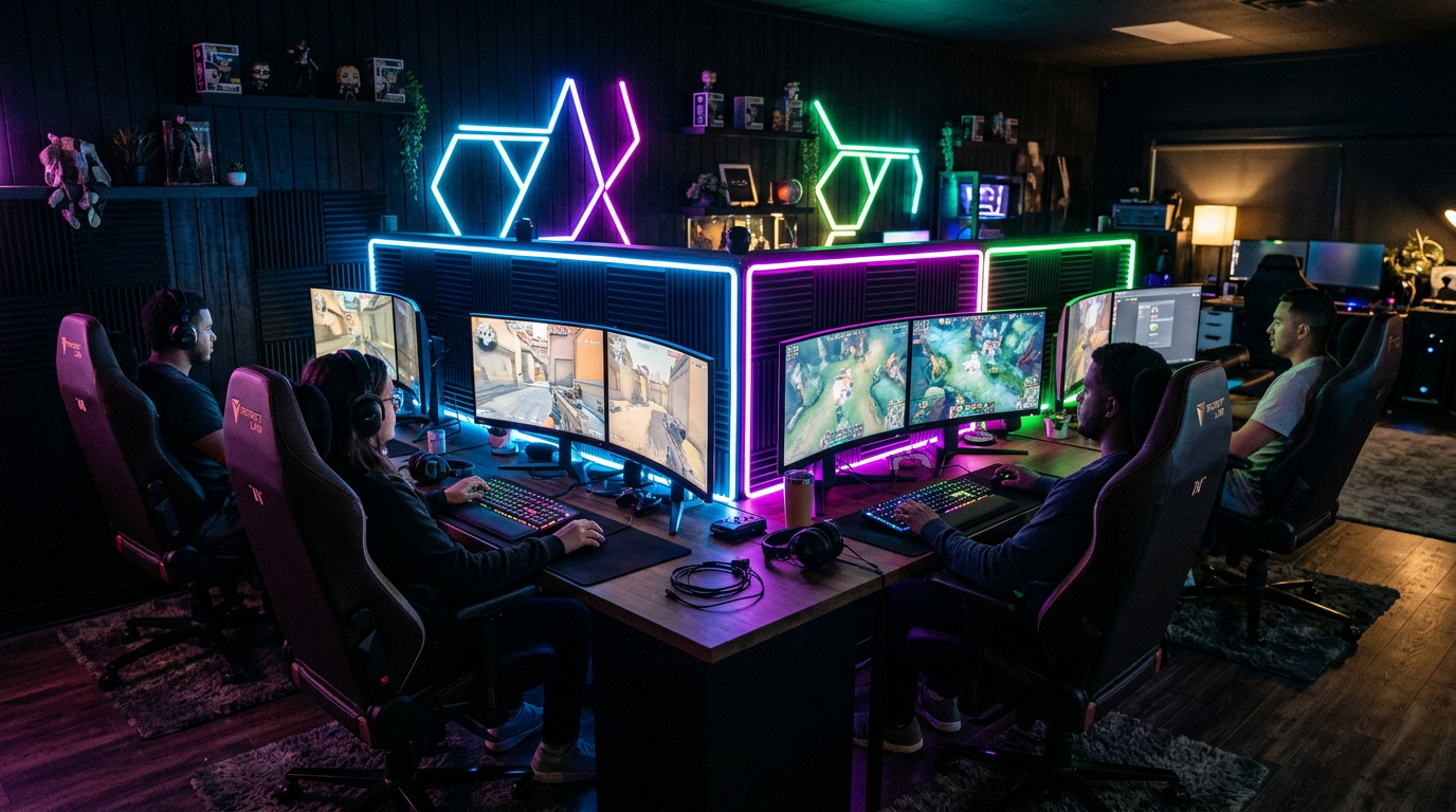 Open gaming area with comfortable setups and atmospheric backlights