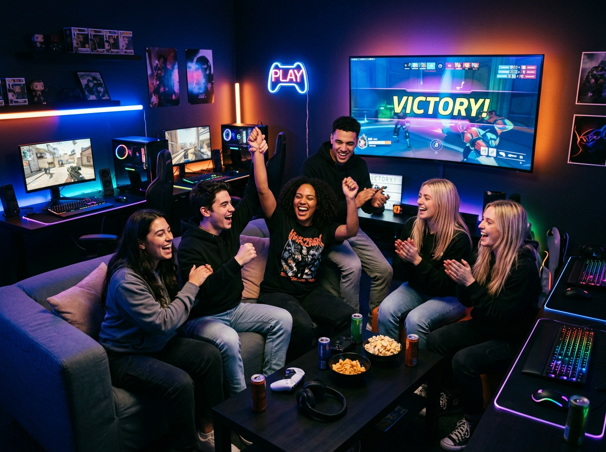 Friends celebrating together in a private gaming lounge