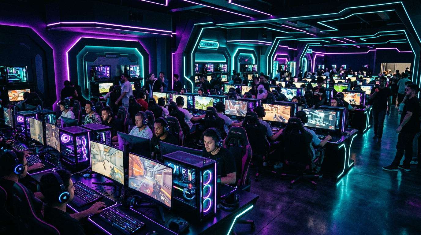 Gaming Zone lounge with neon lighting and gaming stations