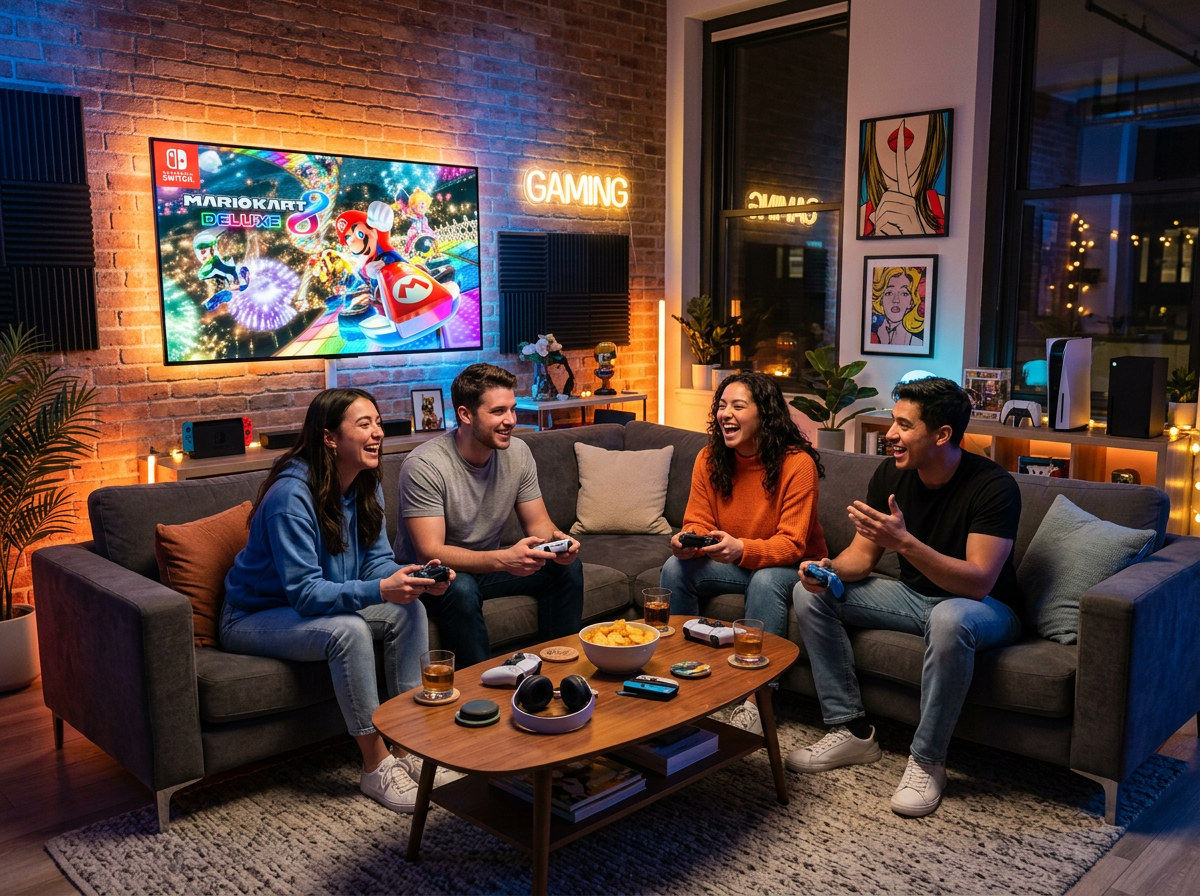 Friends playing games together in a social gaming lounge
