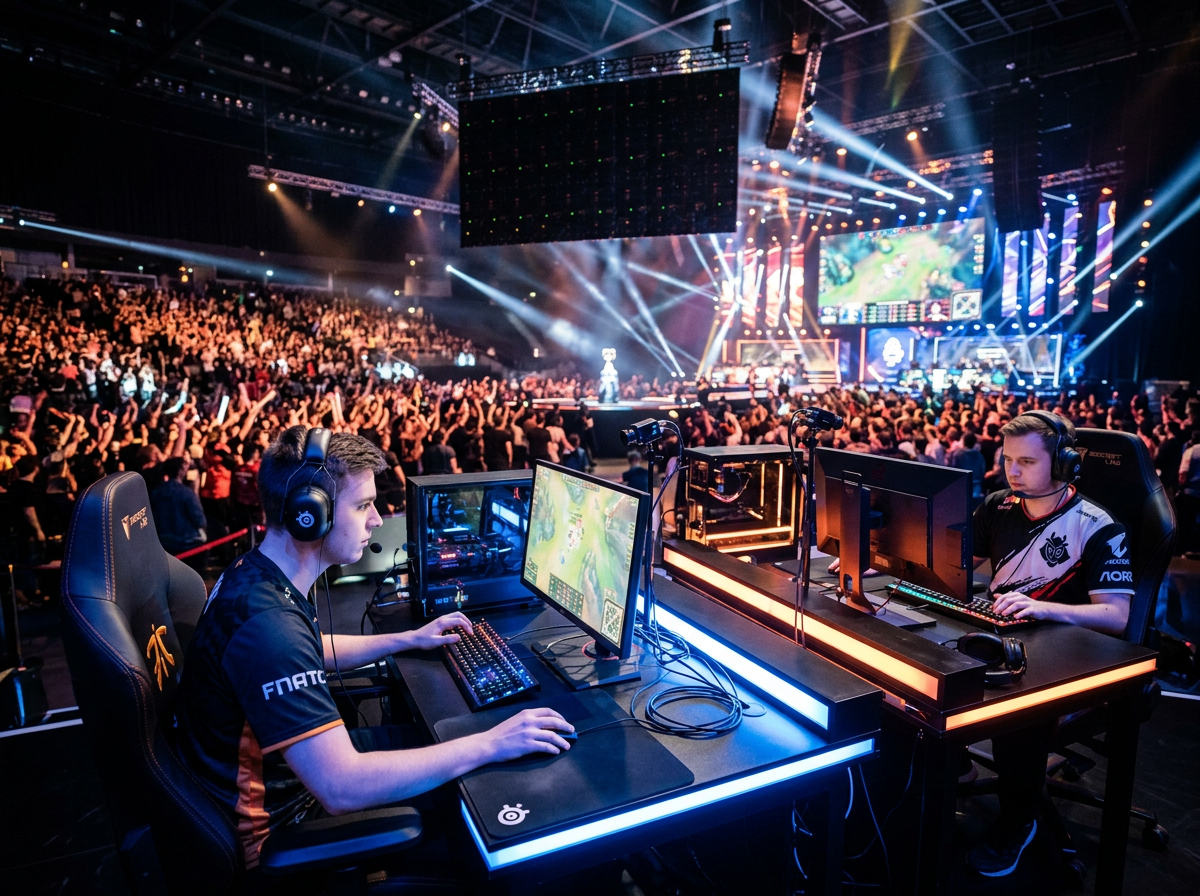 Players competing at a tournament setup with glowing screens